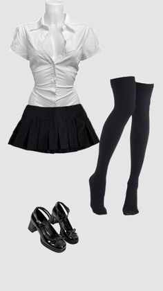 School uniform set with white shirt, pleated skirt, stockings, and Mary Jane shoes