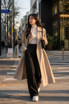 Woman in a trench coat and black pants walking on a city street at golden hour