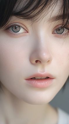 Close up of a person's face with short dark hair and grey eyes