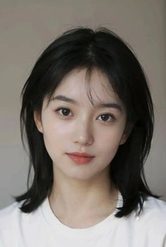 Young woman with short black hair wearing a white t-shirt, looking at the camera