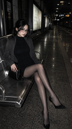 Woman in a black dress and pantyhose sitting on a bench in a subway station at night