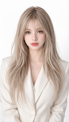 Woman with long blonde hair wearing a white blazer against a light background