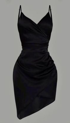 Black satin dress with spaghetti straps and ruched detail