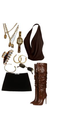 A collection of women's clothing and accessories including a brown top and boots