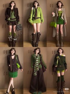 Six women in different green and brown outfits standing against a brown wall