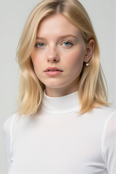 Blonde woman with blue eyes wearing a white turtleneck and earrings