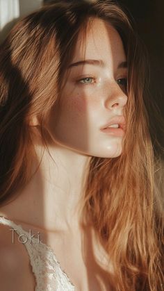 Woman with long red hair and freckles in soft natural light