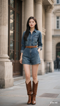Woman in a denim romper and brown boots standing on a street