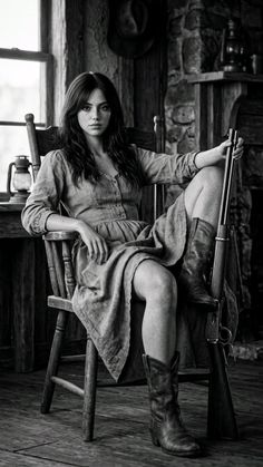 Woman in a dress and cowboy boots holding a rifle while sitting in a wooden chair