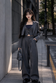 Woman with long dark hair wearing a cropped blazer and wide leg pants on a street
