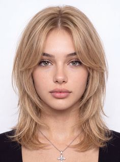 Woman with blonde layered hair and green eyes wearing a cross necklace