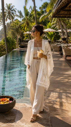 Woman in a lace kimono and wide leg pants by an infinity pool at a tropical resort