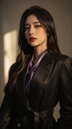 Woman with long dark hair wearing a black blazer and purple blouse indoors