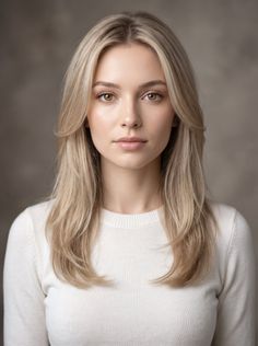 Woman with long blonde hair and brown eyes wearing a white sweater