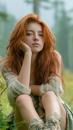 Woman with red hair and green eyes wearing a knitted sweater outdoors