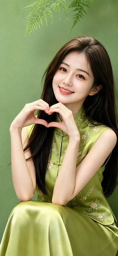 Woman in a green cheongsam with floral embroidery making a heart gesture