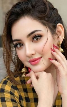 Woman with long hair, red nails, and gold earrings wearing a plaid shirt