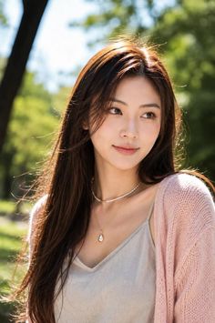 Woman with long brown hair wearing a pearl necklace and pink cardigan outdoors