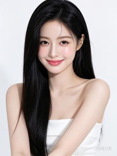 Woman with long black hair and a white top smiling in a studio shot