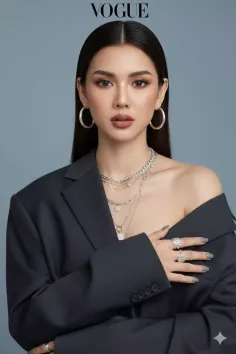 Woman with long dark hair wearing a black blazer and silver jewelry in a studio shot