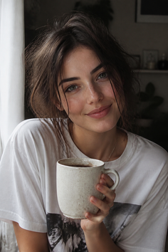 Woman with messy hair and freckles holding a mug, looking at the camera