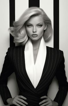 Woman with blonde hair in a pinstripe suit with a white collar against a striped background