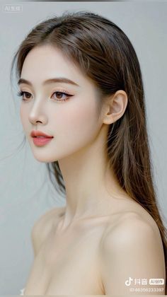 Realistic portrait of a woman with long brown hair and exposed shoulders