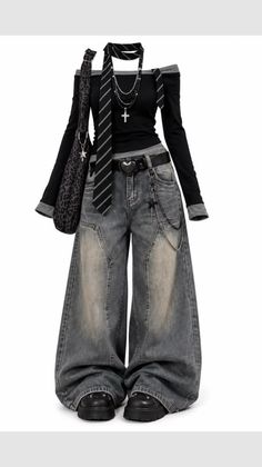 Gothic style outfit with wide leg jeans and an off shoulder top