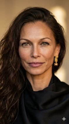 Woman with long dark hair and green eyes wearing gold earrings