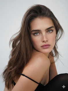 Woman with long brown hair and blue eyes in a black top