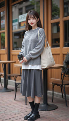 Woman in a gray sweater and midi skirt holding a coffee cup outdoors