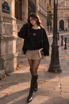 Woman in a black sweatshirt and pleated skirt walking on a street at golden hour