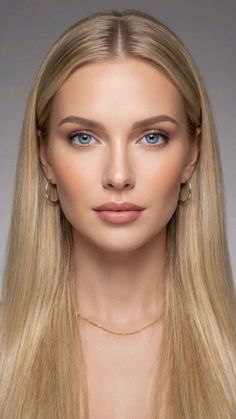 Woman with long blonde hair and blue eyes wearing hoop earrings and a gold necklace