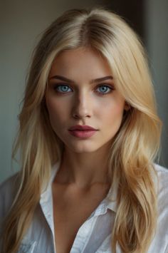 Blonde woman with blue eyes wearing a white shirt, looking directly at the viewer