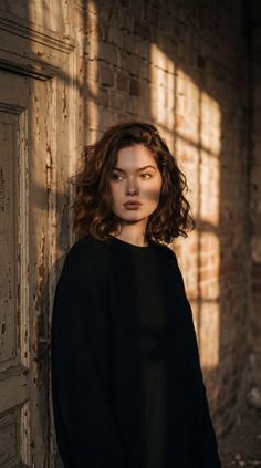 Woman with curly hair in a black sweater, lit by golden hour sunlight indoors