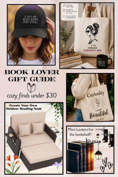 A book lover gift guide collage featuring various items like a cap, tote bags, and furniture