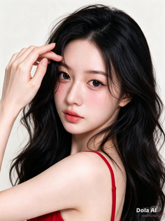Woman with long black hair and a red top, looking over her shoulder