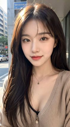 Woman with long brown hair wearing a cardigan and necklace on a city street