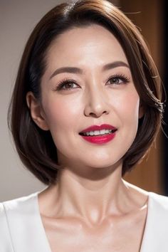Woman with short brown hair and red lipstick wearing a white top
