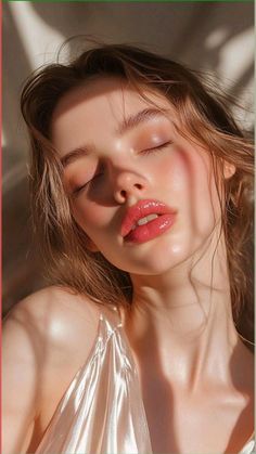 Close-up portrait of a woman with closed eyes and glossy pink lips