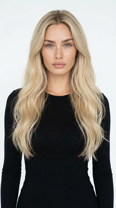 Woman with long blonde hair and blue eyes wearing a black long-sleeved shirt
