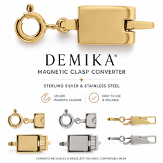 Magnetic clasp converters in gold and silver tones on a white background