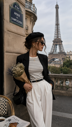 Woman in a beret and sunglasses holding a bouquet on a street in Paris with the Eiffel Tower in the background