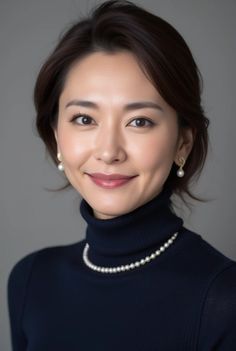Woman with short hair wearing a turtleneck and pearl jewelry
