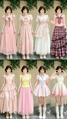 Eight women in various pink lolita-style dresses and outfits outdoors