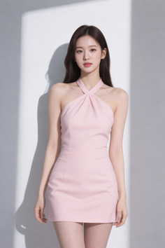 Woman in a pink halter neck dress posing in a studio with soft lighting