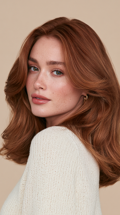 Woman with red hair and freckles wearing a white sweater and gold earrings