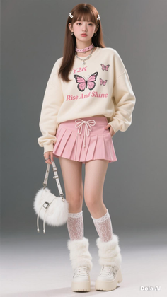 Woman in a pink pleated skirt and butterfly print sweatshirt with fur accessories