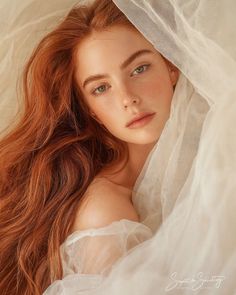 Woman with long red hair and green eyes partially covered by sheer fabric