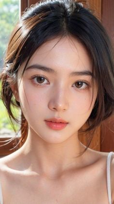 Woman with dark hair and natural makeup in soft daylight